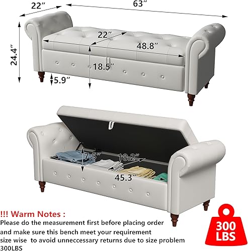 Miniatura 9 de Aoowow Banco de almacenamiento de 63 pulgadas para dormitorio, extremo de la cama, sofá otomano enrollado de tela de terciopelo armado, banco largo