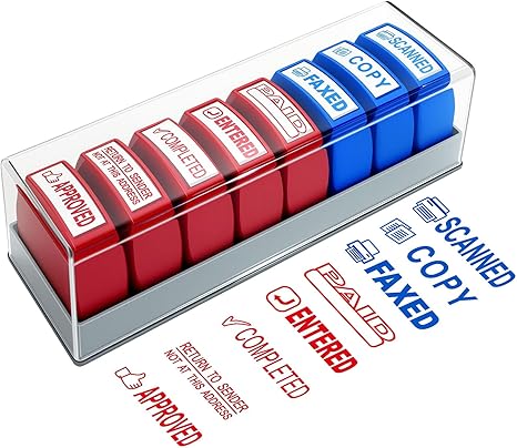 8PCS Office Stamps Set, Paid Scanned Approved Copy Faxed Completed Entered Return to Sender Message Stamp with Storage Tray, Rubber Business Stamp in Red and Blue Ink, Account Finance Staff Supplies