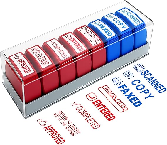8PCS Office Stamps Set, Paid Scanned Approved Copy Faxed Completed Entered Return to Sender Message Stamp with Storage Tray, Rubber Business Stamp in Red and Blue Ink, Account Finance Staff Supplies