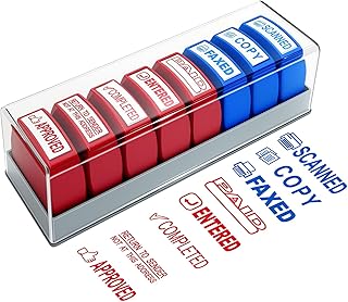 8PCS Office Stamps Set, Paid Scanned Approved Copy Faxed Completed Entered Return to Sender Message Stamp with Storage Tray, Rubber Business Stamp in Red and Blue Ink, Account Finance Staff Supplies