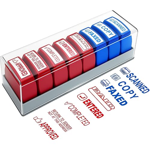 8PCS Office Stamps Set, Paid Scanned Approved Copy Faxed Completed Entered Return to Sender Message Stamp with Storage Tray, Rubber Business Stamp in Red and Blue Ink, Account Finance Staff Supplies