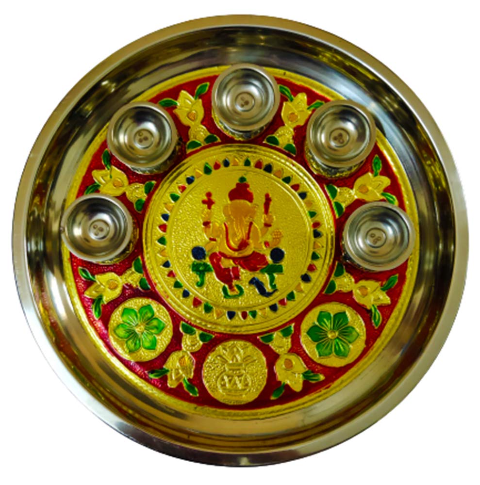 Buy DMS RETAIL Meenakari Design Stainless Steel Puja Thali Set with Deepak for Temple and Home