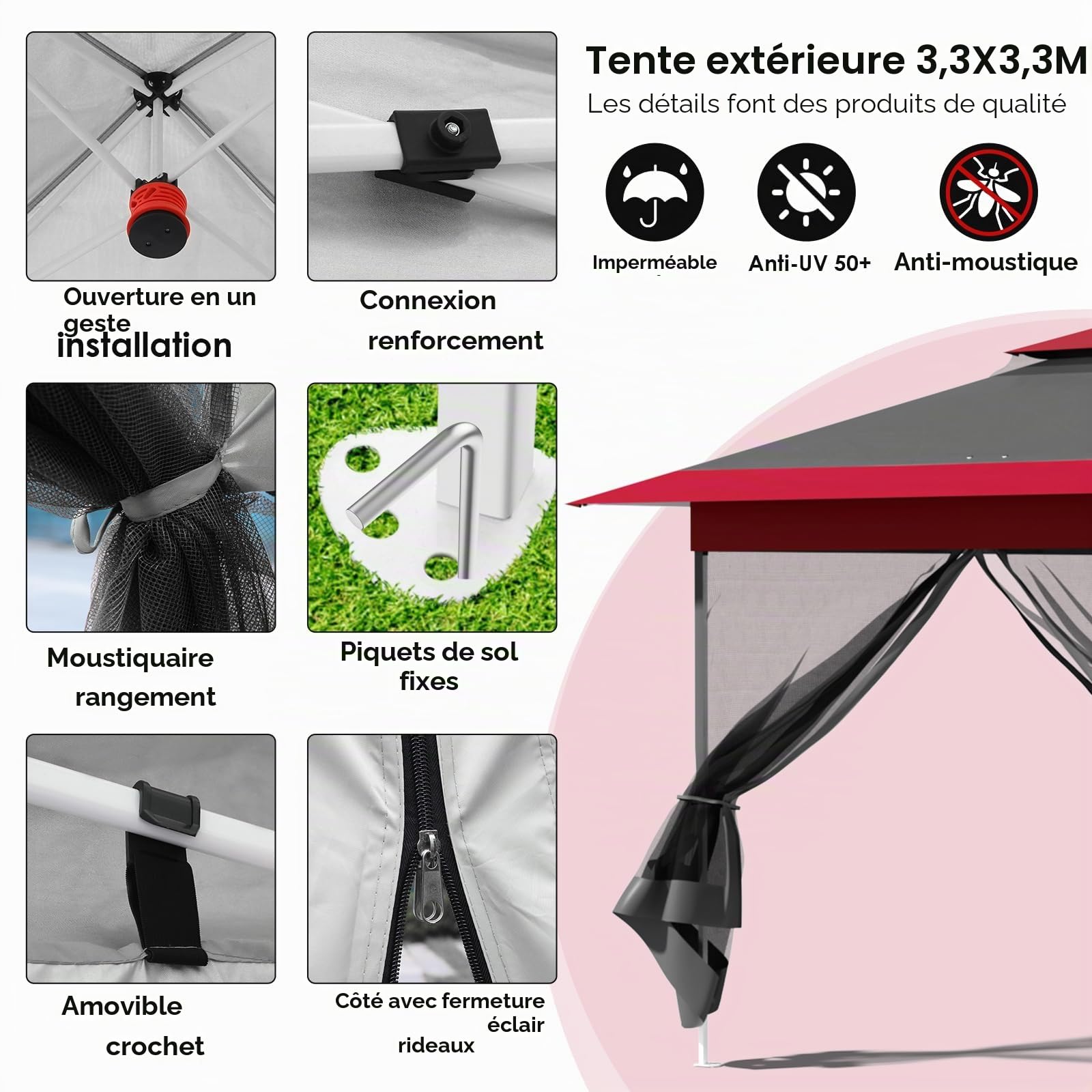 Tonnelle Pliante 3,3 x 3,3 imperméable, avec 4 Toiles Moustiquaires, One Push Tonnelle de Jardin, Tente de fête à Double Toit, 4 PCS Sacs de Sable, pour terrasse/marché/Camping/Plage, Rouge Gris