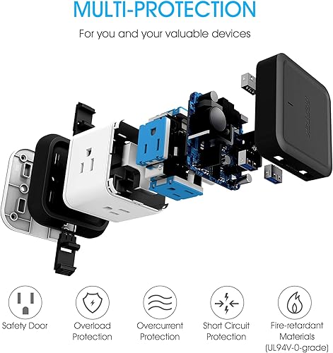 Miniatura 6 de BESTEK Regleta de alimentación con USB, enchufe múltiple con 3 tomacorrientes, 4 USB, cable de extensión de 5 pies, torre protectora de