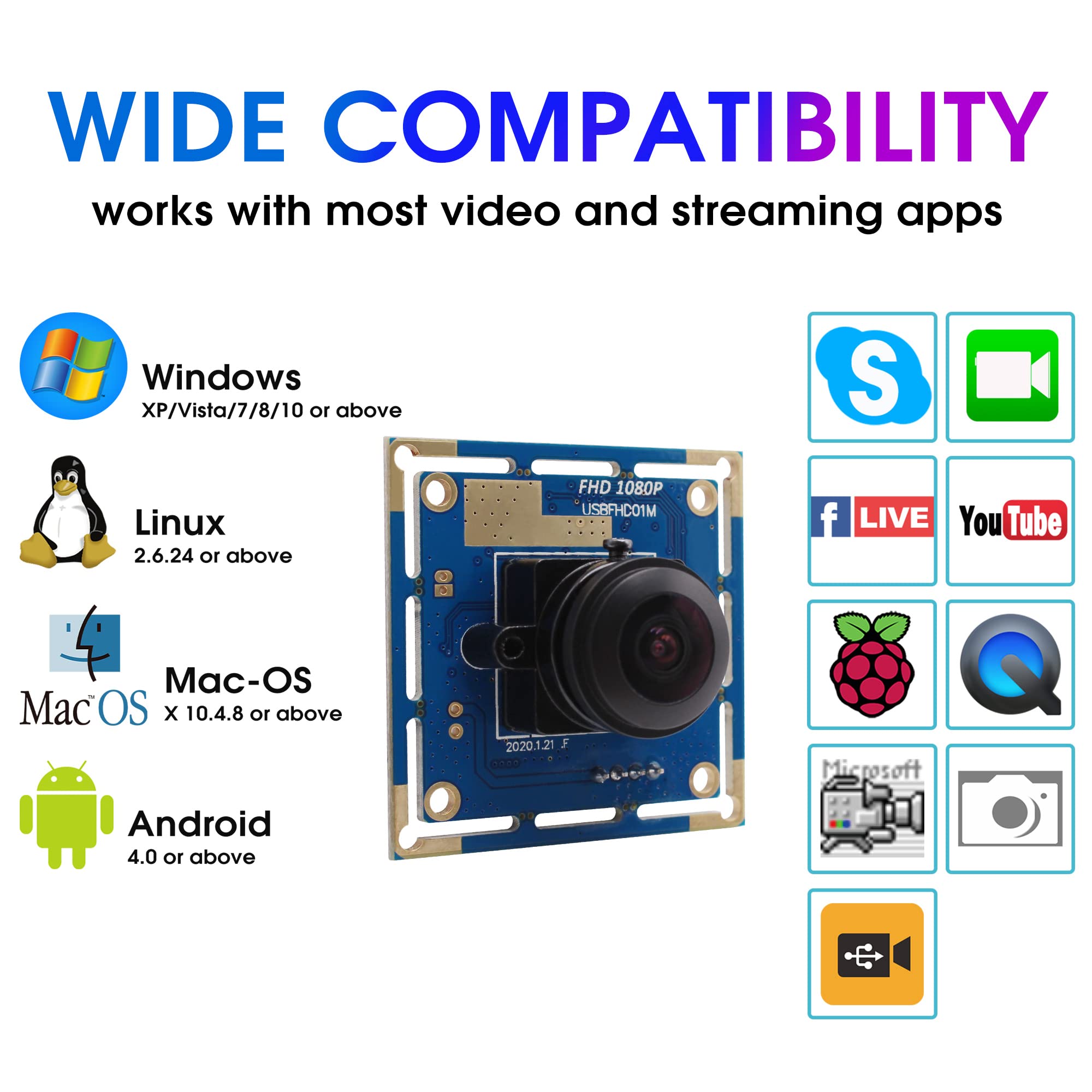 ELP Cámara web USB de 180 grados con lente ojo de pez de 2 megapíxeles, 1080p, gran angular, para PC, cámara web USB para Android/Linux/Windows