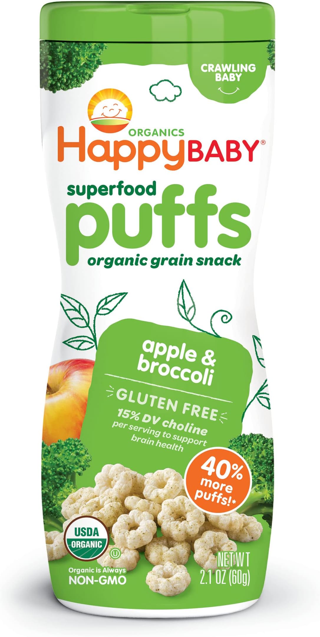 Happy Baby Organics Superfood Puffs, Apple & Broccoli, 2.1 Ounce (Pack of 6) packaging may vary
