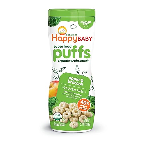 Happy Baby Superfood Puffs orgánico de manzana y brócoli recipiente de 21 onzas bocadillos orgánicos para bebés o niños pequeños bocadillos
