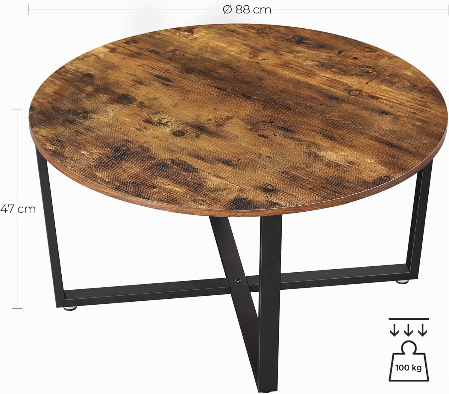VASAGLE Runder Couchtisch, Wohnzimmertisch, Industriestil, Stahlrahmen, einfache Montage, für Wohnzimmer, Schlafzimmer, rustikales Braun und Schwarz LCT88X