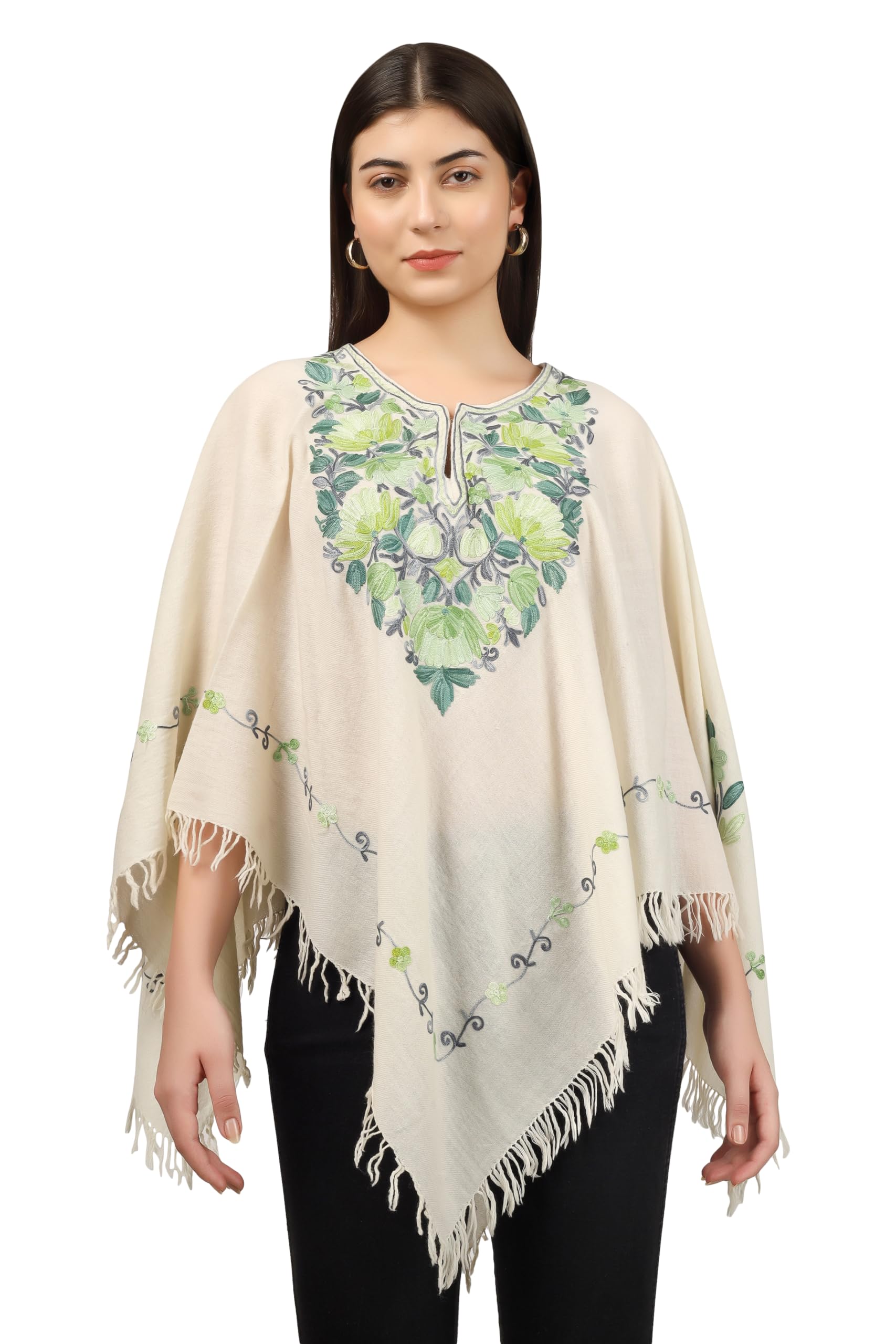 Kashmir Hunar women's woolen Aari embroidered necline Poncho, fringe trim-picture-51