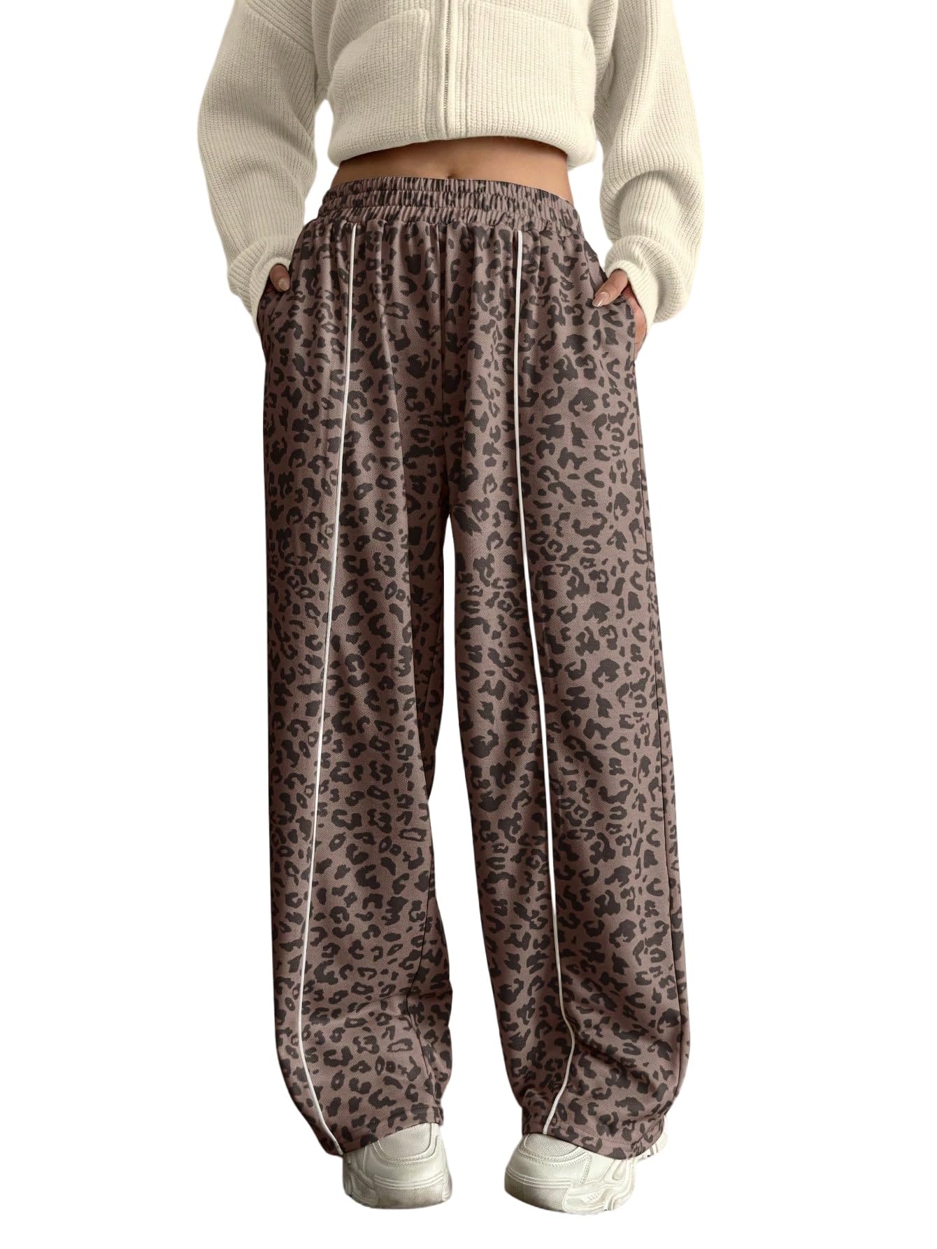 GORGLITTER Damen Leopardmuster Hosen Y2K Weite Hose Freizeithose mit Elastikbund Jogginghose mit Tasche Streetwear Sweatpants Herbst Casualhose