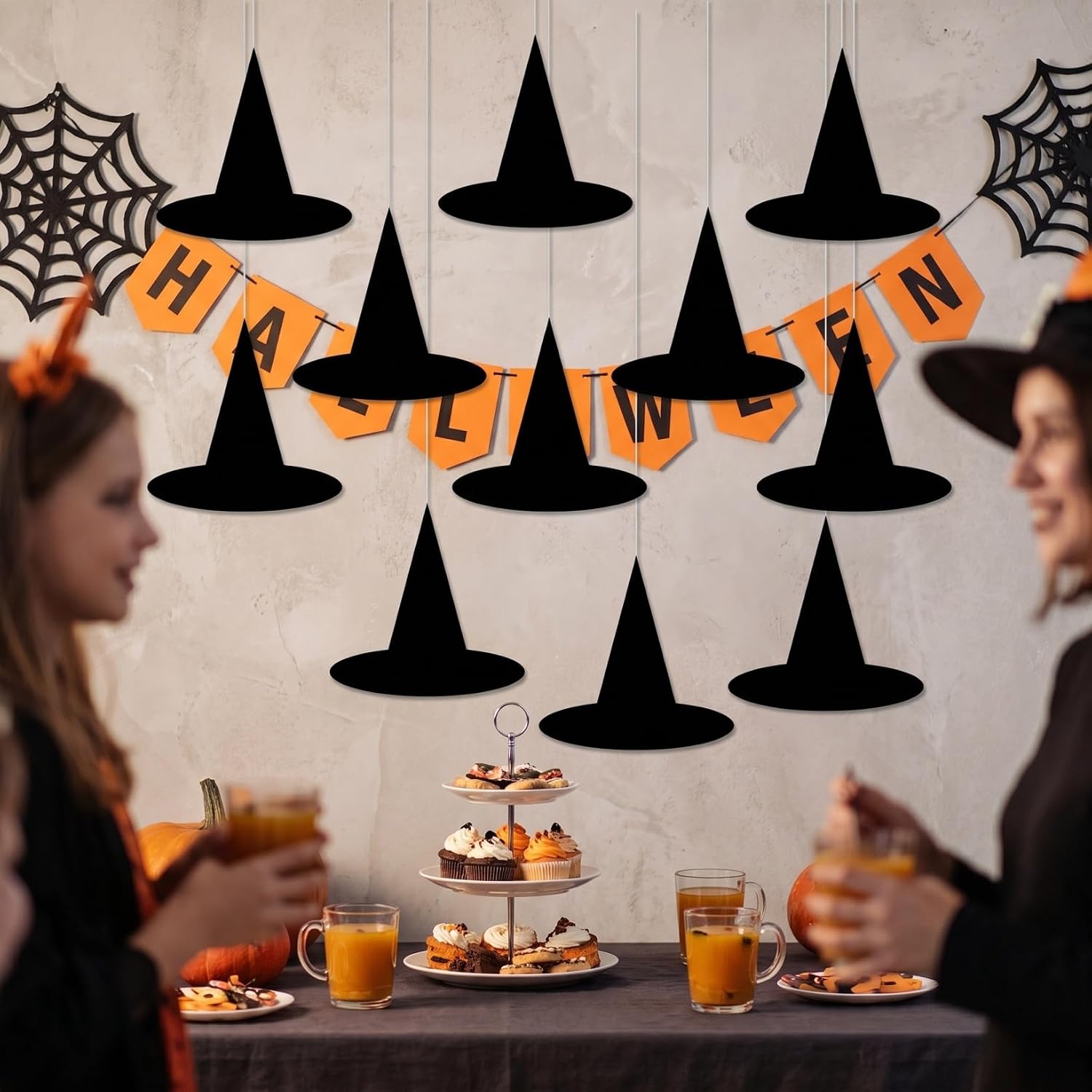 NUOBESTY 24pcs Flat Paper Witch Hat Hanging Ornaments Halloween Witch Decor