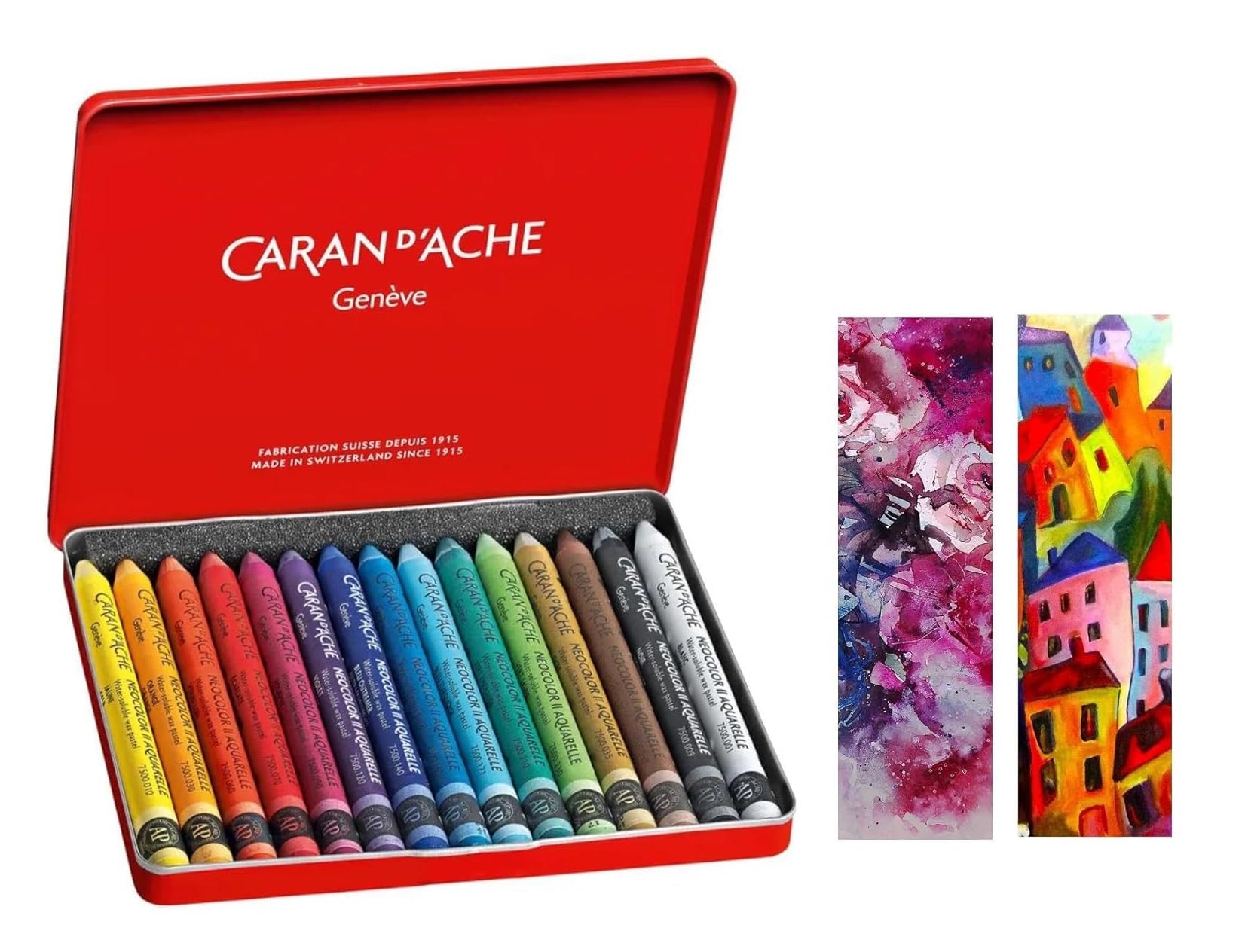 Caran d'Ache Neocolor II, Pasteles de cera acuarelables, Lápices de cera Aquarellables - Lote de 15 y 2 tarjetas