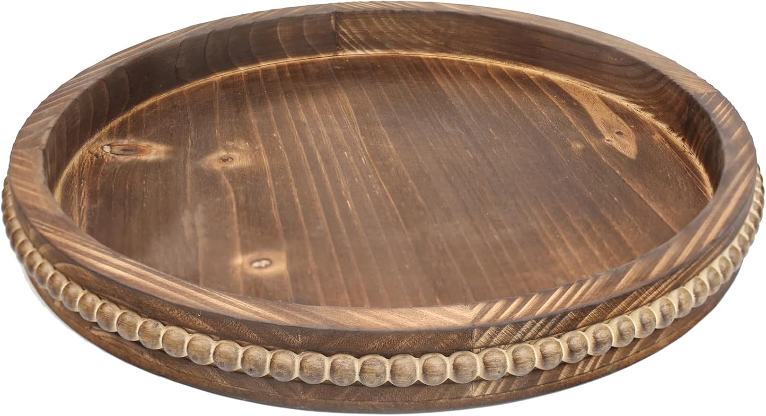 Round Burnt Wood Serving Tray with Beads, Wooden Decorative Tray for Entertaining, ...