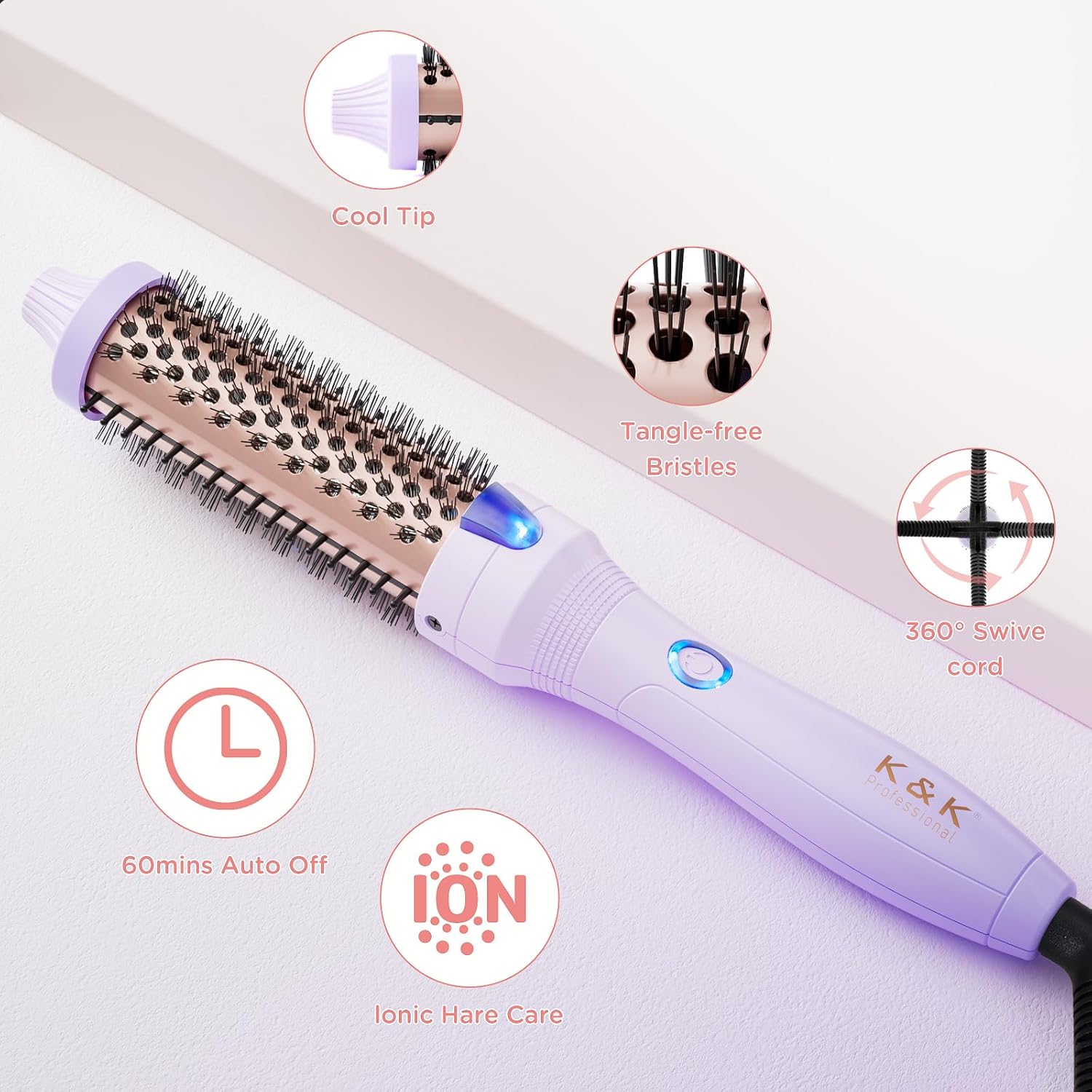 K&K 1.25 Inch Ceramic Tourmaline Ionic Heated Round Brush Curling Brush Creates Blowout Look -Creates Root Volume & Loose Curls Volume Curls Dual Voltage Hair Styling Tool (Purple, 1.25 Inch) Purple 1.25 Inch image 5 of 7 B0CD2GHLC6