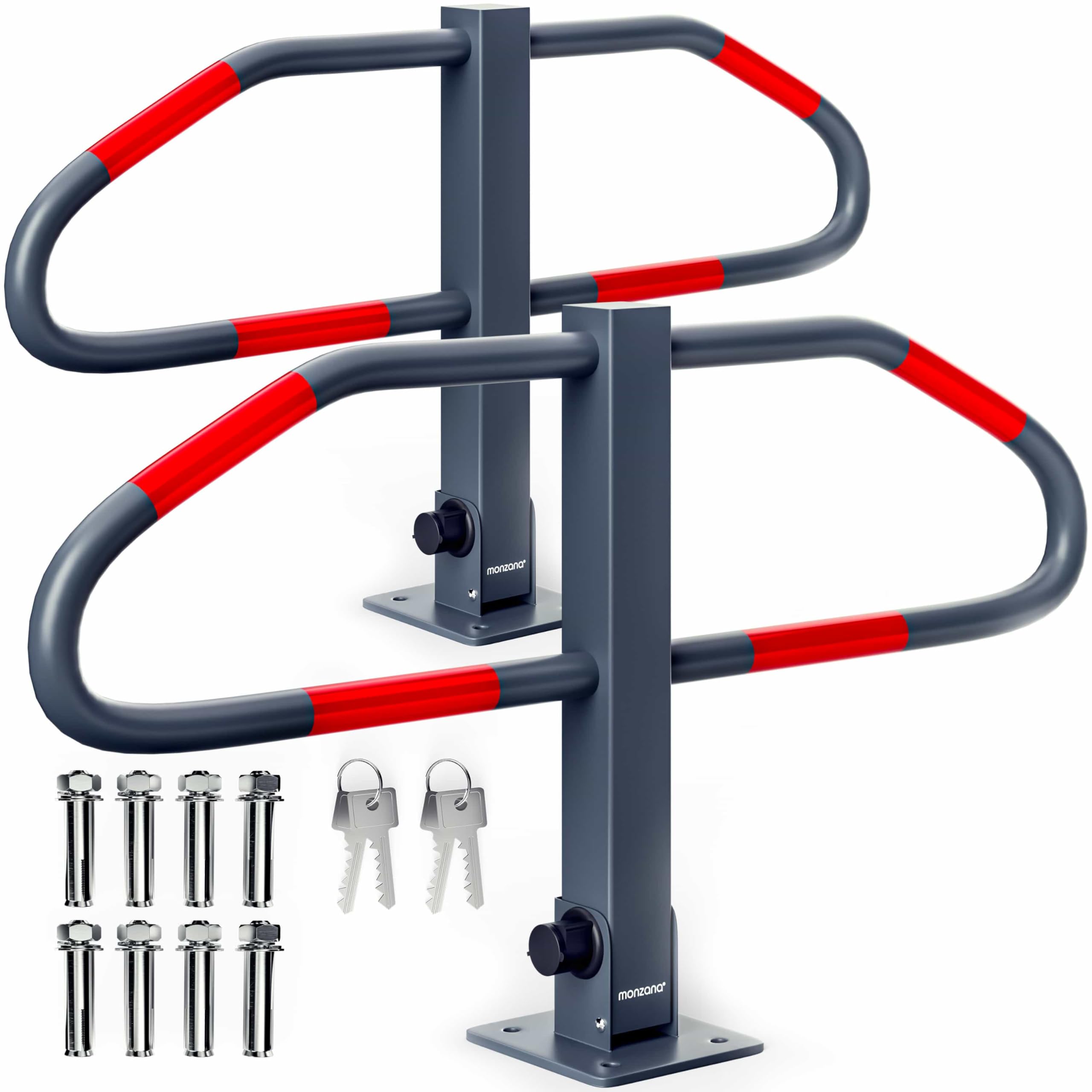 MONZANA® Set of 2 Parking Barriers | Foldable Robust Steel Posts with Integrated Locks | 4 Keys | Security Bollards for Car Parks, Driveways and Garages | 47 x 18 x 70cm
