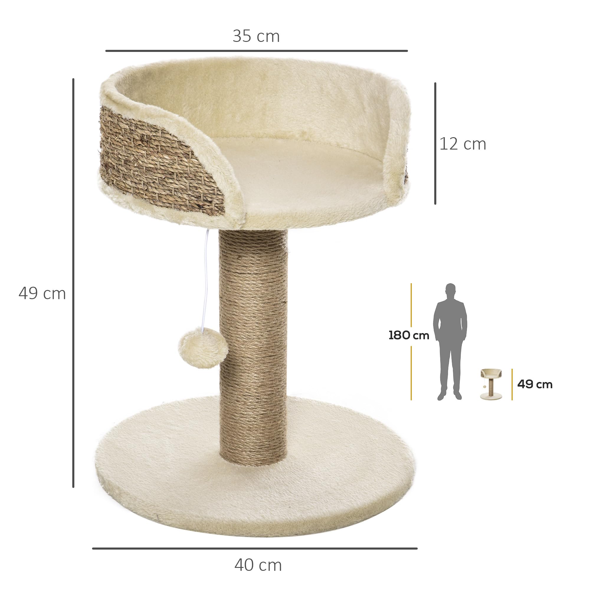PawHut Albero Tiragraffi per Gatti Adulti e Gattini, Trespolo con Lettino per Gatti, Palo in Juta e Pallina Appesa, 40x40x49cm, Beige