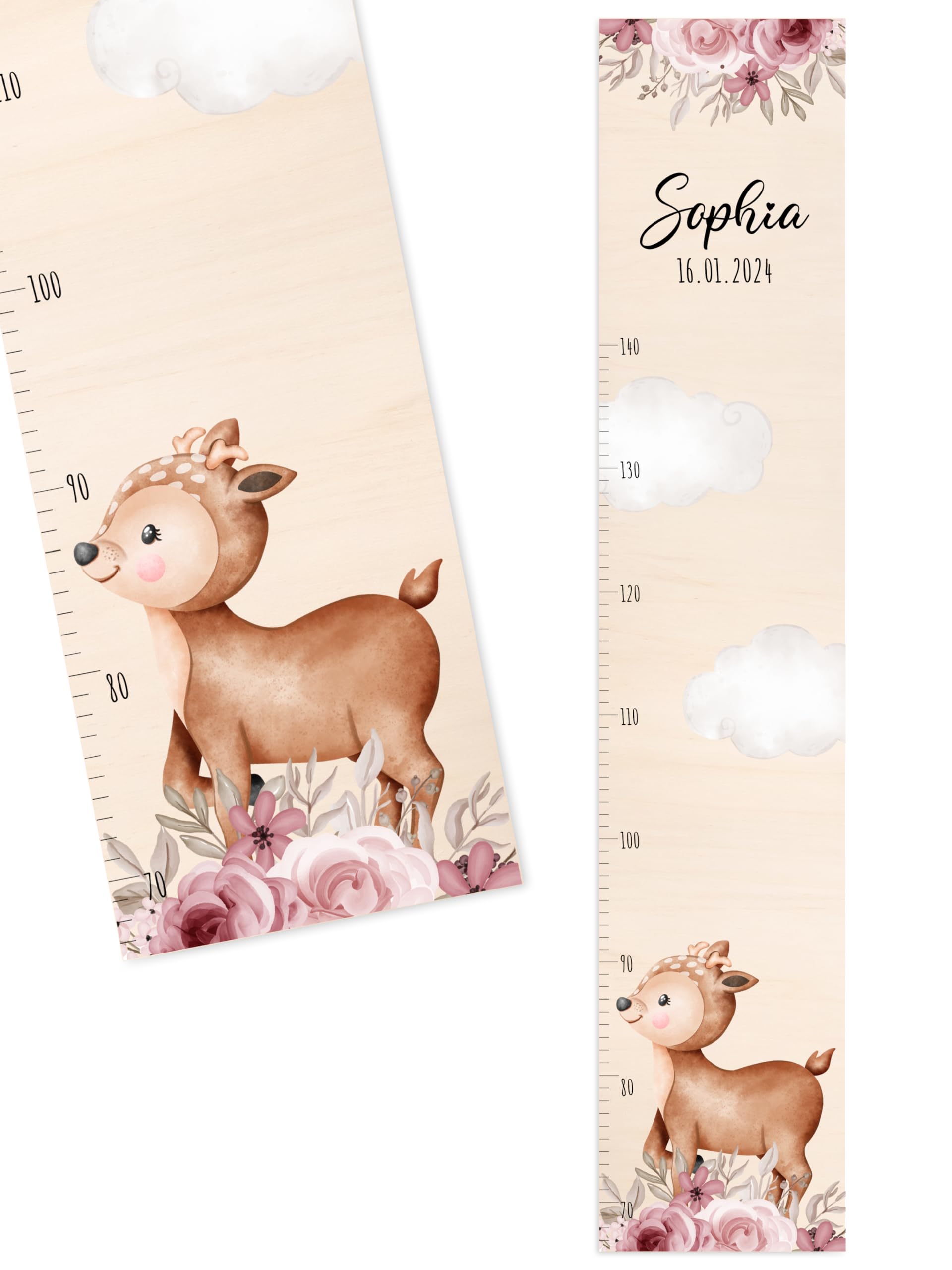 Bärenfreunde® - Personalisierte Messlatte Kind Holz zum Kleben oder Aufhängen - Skala 70-140cm - Süße Dekoration für Baby- & Kleinkinderzimmer (Kinder 70-140cm, Reh Blumen)