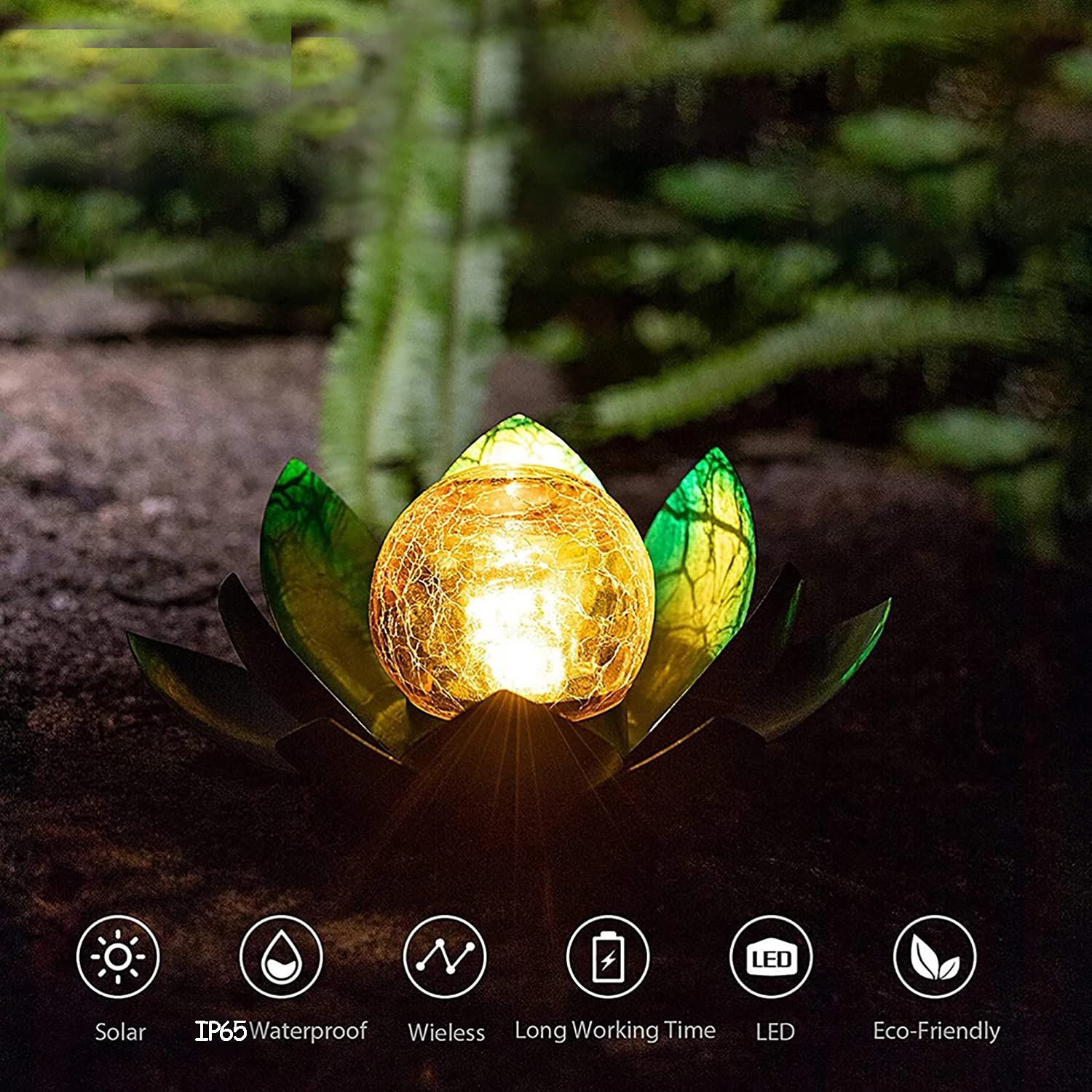Lámpara solar LED de loto con bola de cristal agrietado, decoración de jardín al aire libre, linterna solar de metal, lirio de agua, luces LED de paisaje, lámpara de mesa al aire libre (azul)