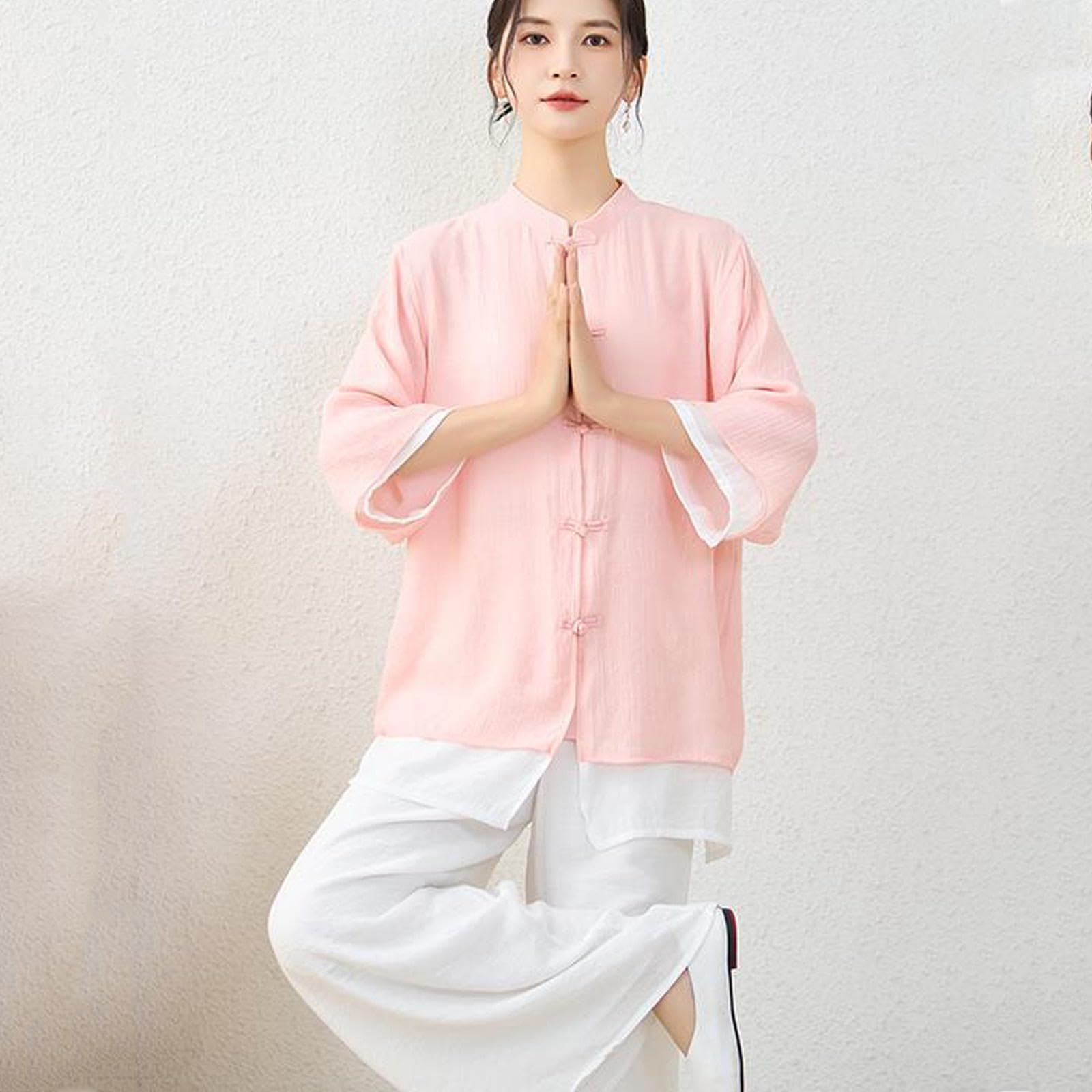 Tai Chi Kleidung Damen Seidenleinen Kung Fu Uniform Chinesischer Stil Zen Meditation Lässig Dreiviertelärmel Morgenübungen Outfit für Frauen,Pink-XL