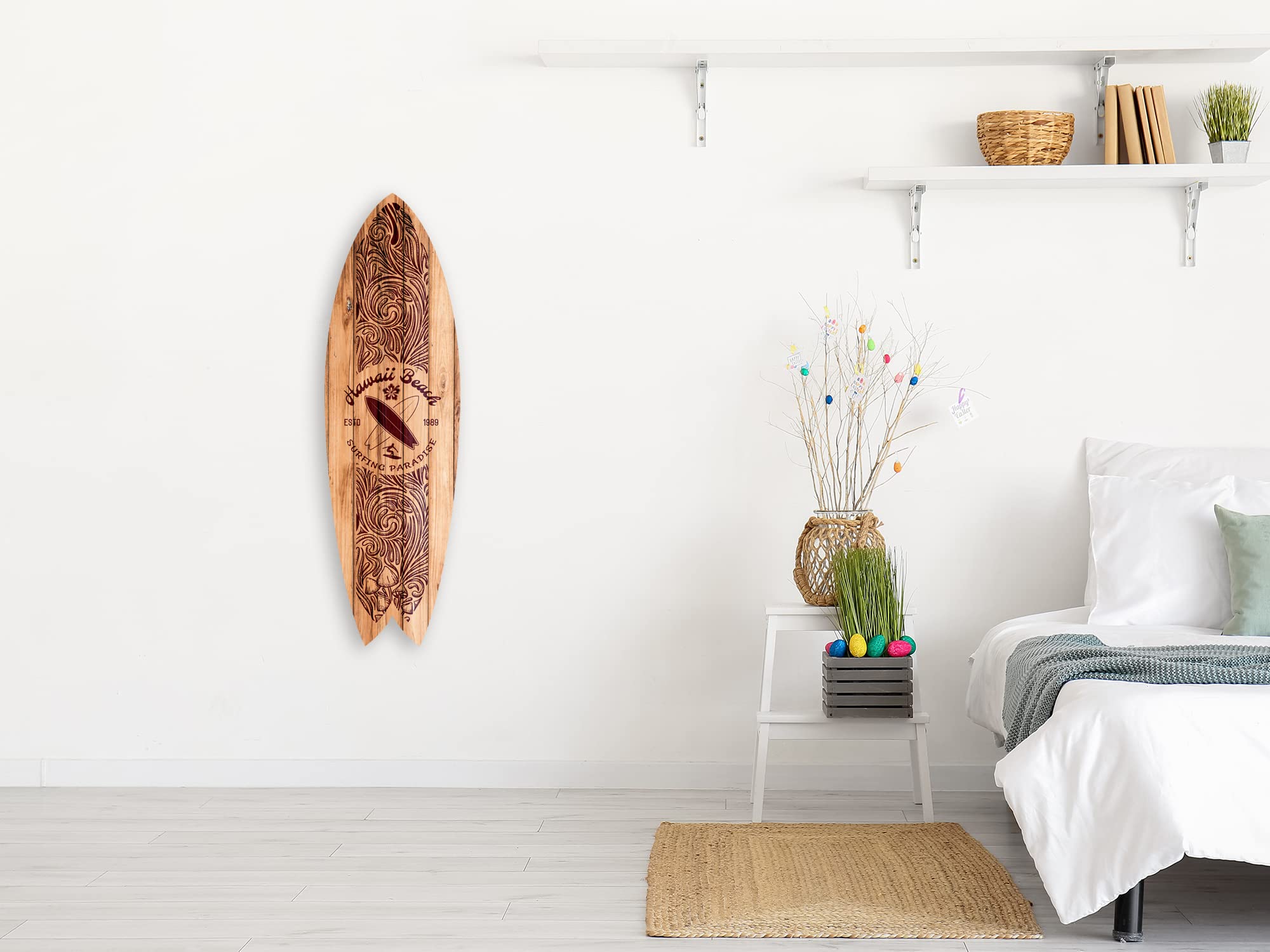 DECLINA, planche de surf décorative, décoration murale, surf déco, alu-dibond, Planche de surf déco Hawaii Beach, 100x30 cm