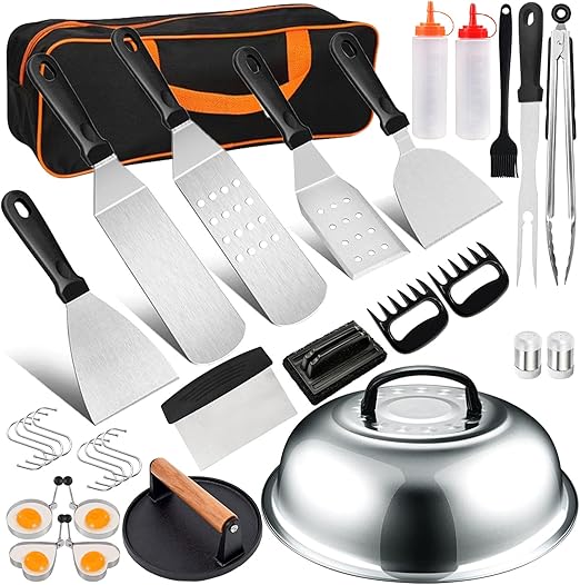 31pcs Griddle Accessories Kit, Flat Top Grill Hibachi Accessory Set for Blackstone Camp Chef, Grill Spatula Set with Burger Press, Brushes, Scraper etc for Outdoor Barbecue Men Gift