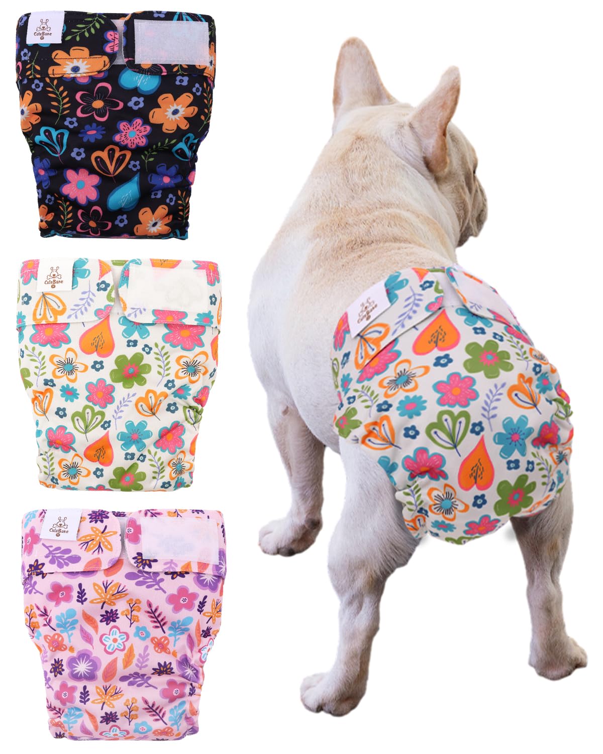 CuteBone Washable Dog Diapers Female No Tail Hole 3 Pack Reusable Doggie Period Training Pants for Docked-Tail Frenchie French Bulldog Boston Terrier