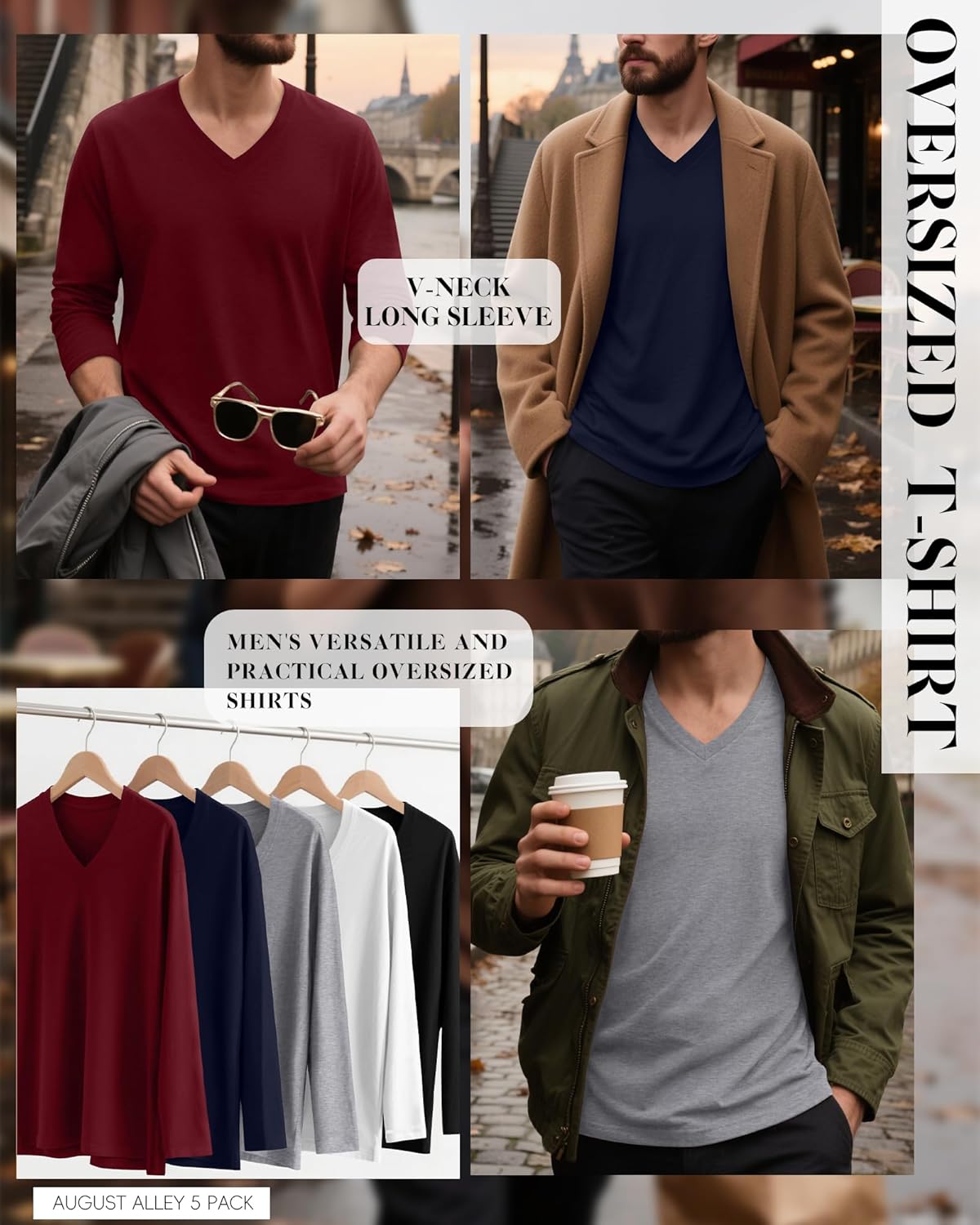 5 Pack Men's Big and Tall Shirts Cotton V Neck L-7xl Long Sleeve Loose Tops Winter Casual Basic Tee Multipack - Image 2