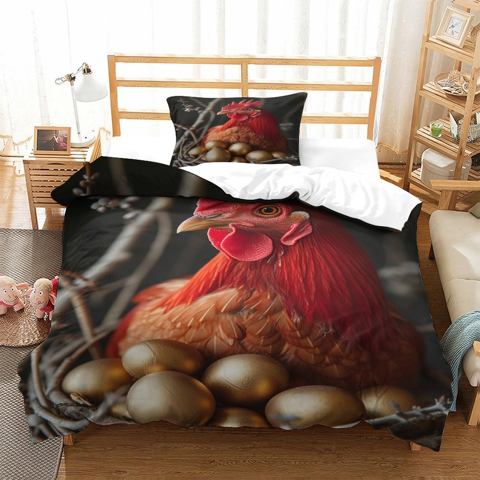 P1s9u7w5y Gallic Rooster-7 3D Printed Hen Egg Pattern Duvet Cover Set 3Pcs Microfiber Hen Egg Bedding Set Single（135X200cm）