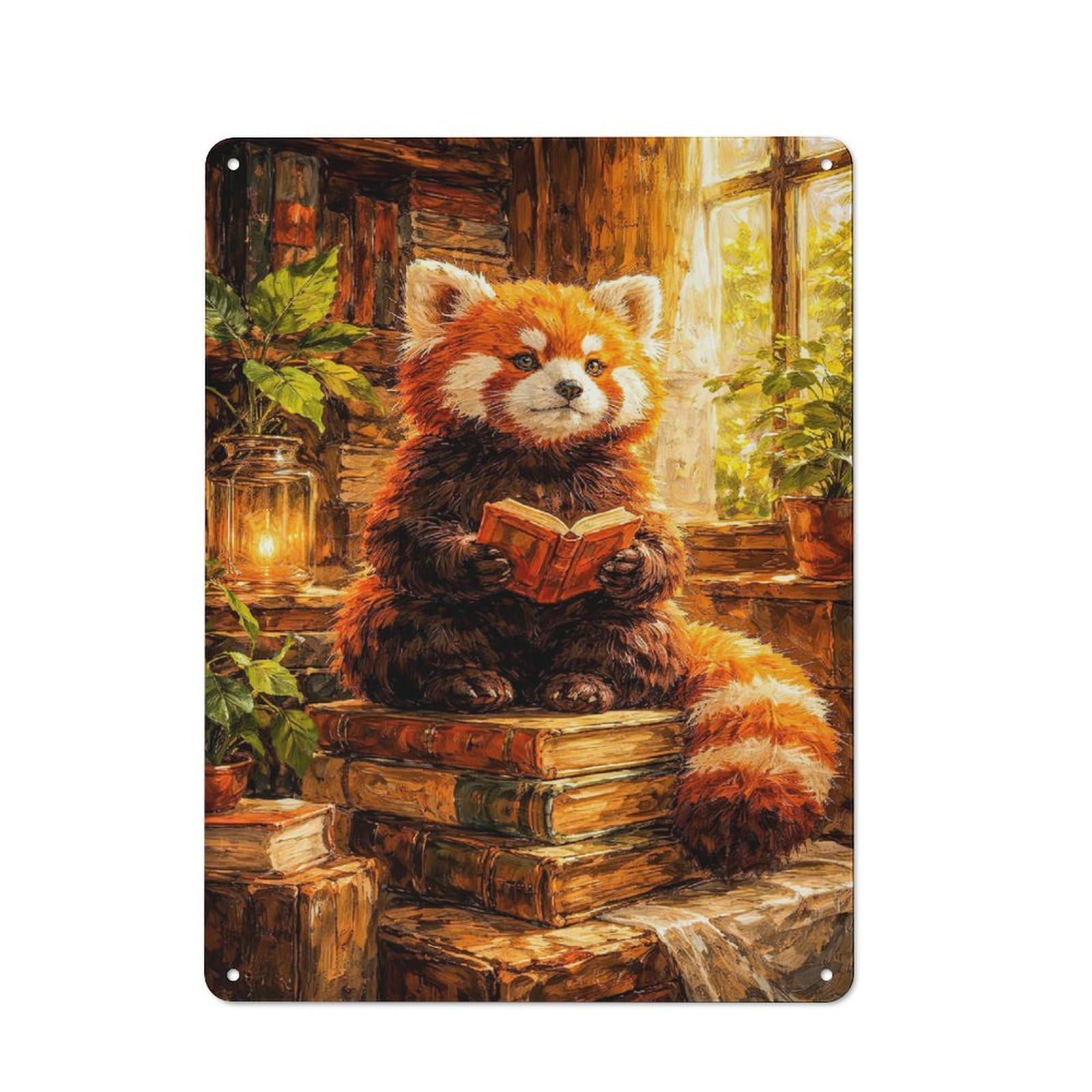 Junmoney Style-6 Red Panda Reading A Book Shop Front Style Metal Wall Decor 40X30cm, Bistro Metal Sign For Takeaway, Bar, Kitchen Or Counter Area