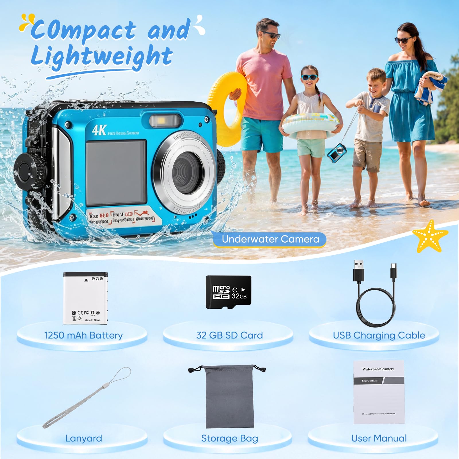 Fotocamera subacquea da 64 MP con messa a fuoco automatica e video 4K, IP68 impermeabile fino a 4,9 m, fotocamera digitale con scheda da 32 GB, doppio display, zoom 16X per snorkeling, blu
