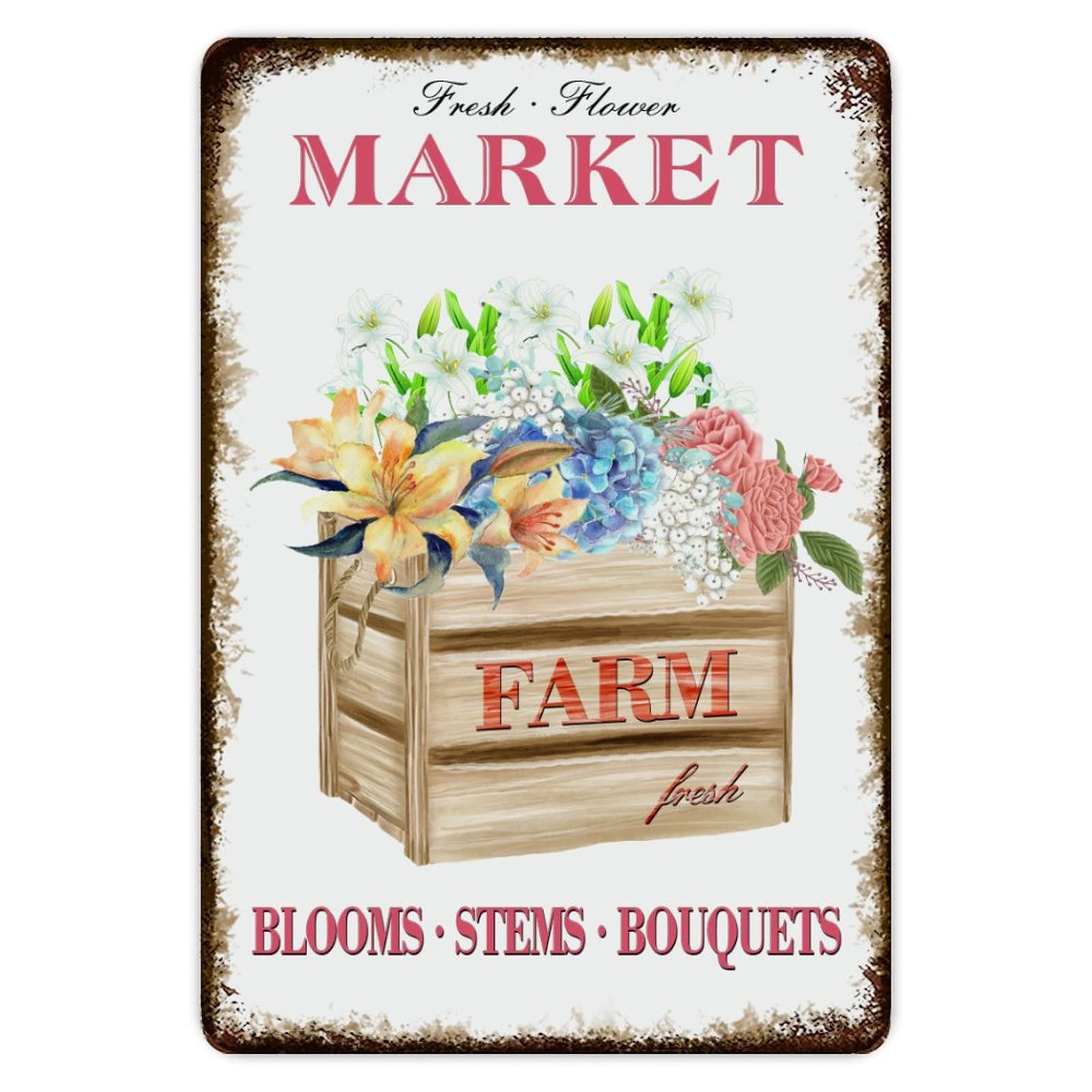 ENEDNATE Rustic Aluminum Sign Farm Fresh Flower Market Tin Metal Sign Retro Home Kitchen Room Wall Door Hanger Decor Sign 8x12 inch