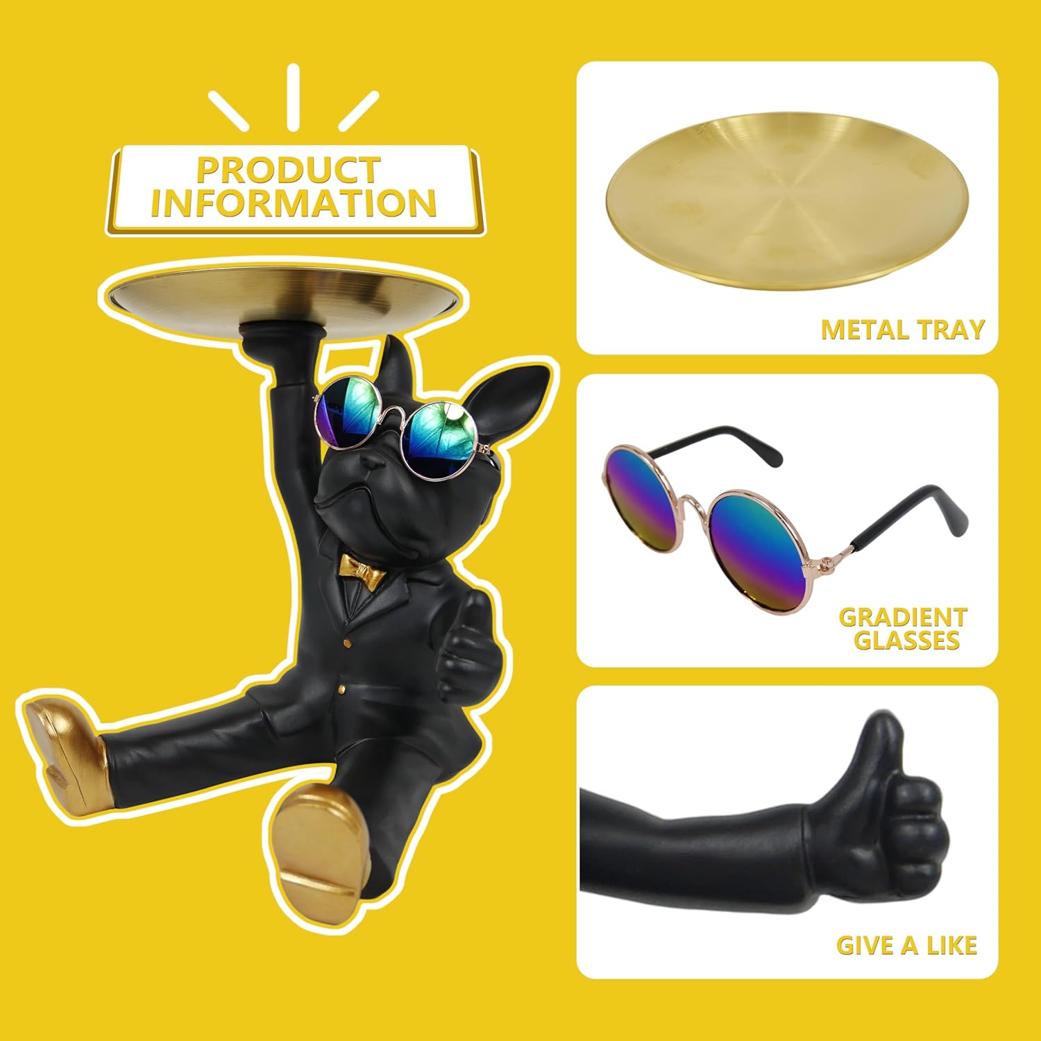 French Bulldog Tray Statue, Black Frenchie Sculpture with Gold Tray for Entrance Coffee Table Décor, Dog Key Holder Jewelry Trays - Image 3