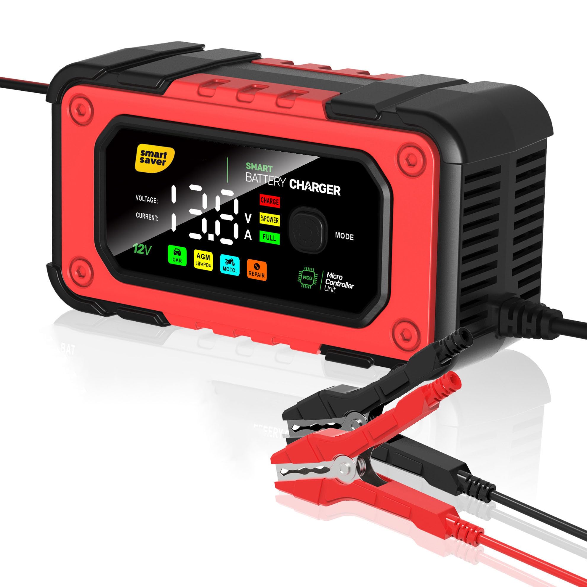 Smart Saver Car Battery Charger, 12V 7A Smart Battery Charger for Cars, Bikes, Trucks Batteries and Maintainer with Repair Mode Compatible with LiFePO4, SLA, Gel, AGM and Wet Cell Batteries-picture-12