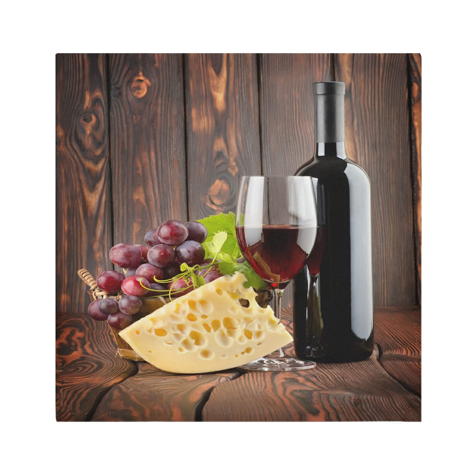 Glass of Red Wine and Bottle with Cheese Grapes Brown Retro Wood Dinner Cloth Napkin, Set of 1 Oversized Reusable Table Napkins, Washable Premium Fabric with Hemmed Edges for Wedding Parties
