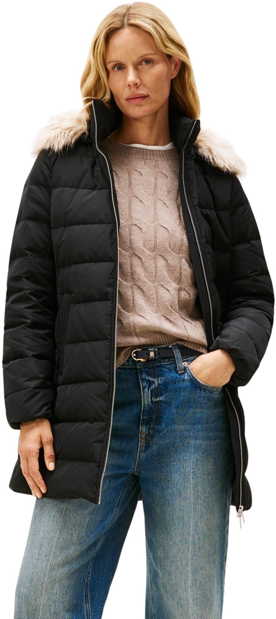 Tommy Hilfiger Women's Slim Down Coat with Faux Fur Trim, Black (Black), XS