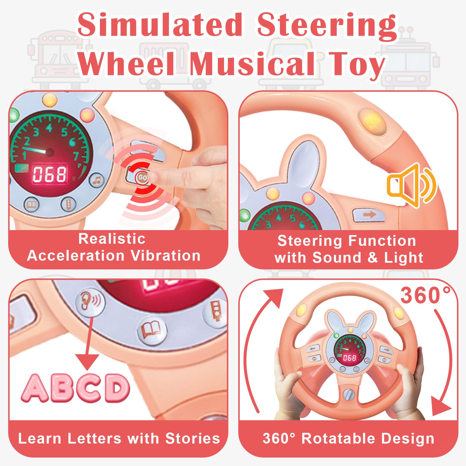 Kids Steering Wheel Toy with Vibration, Driving Simulated Steering Wheel Toy for Backseat, Educational Learning Sensory Toy,Simulated Car Toys with Light Songs for Infant Preschool Kids Toddler Gifts
