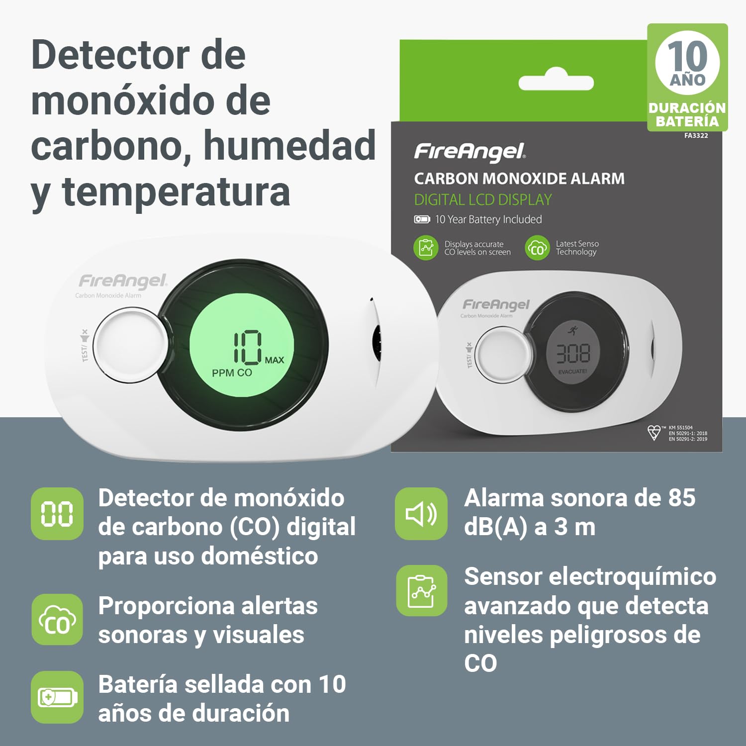 FireAngel Detector de Monóxido de Carbono Digital con Batería Sellada de 10 Años de Duración FA3322 - Alarma de CO, Humedad y Temperatura Portátil