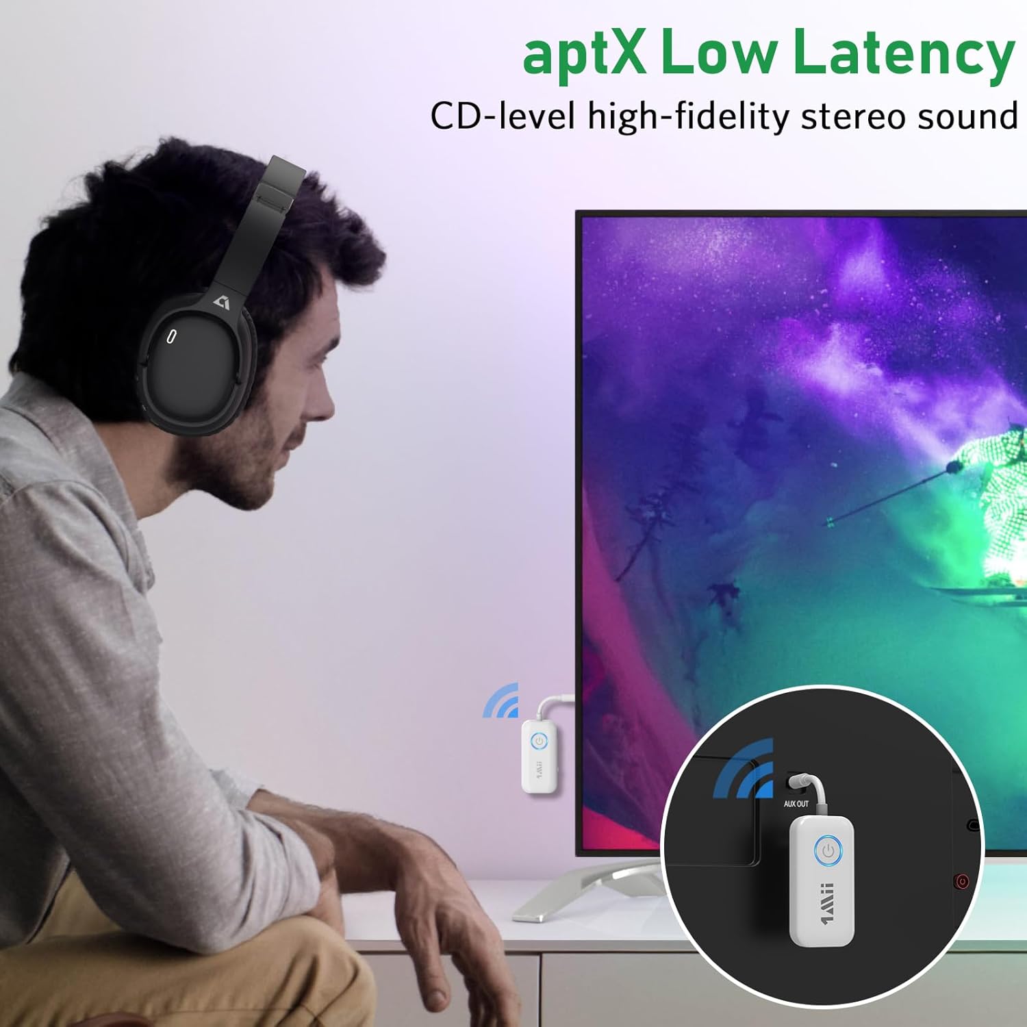 Man watching TV with headphones connected via 1Mii B06T2, highlighting aptX Low Latency