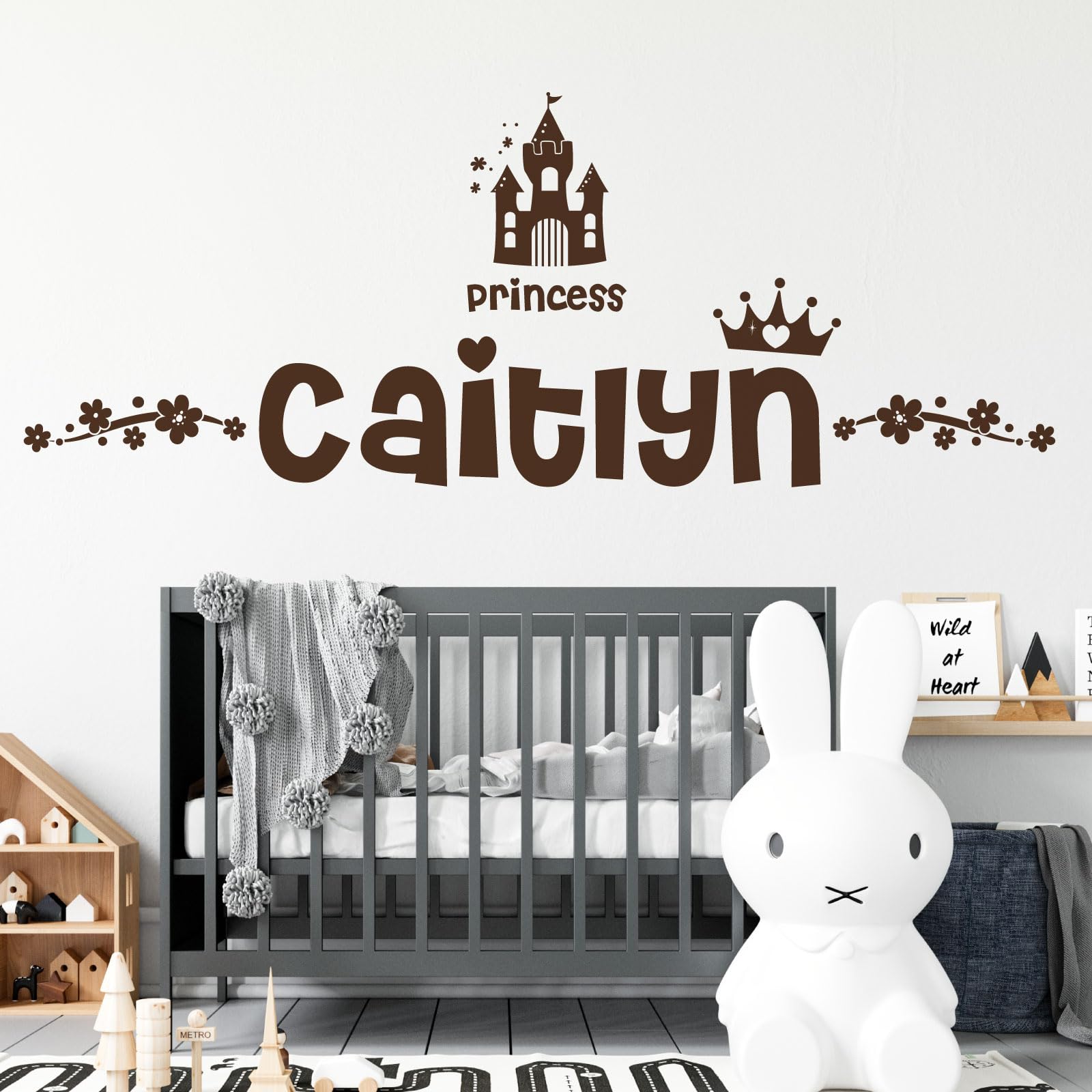 Personalised Name Girls Wall Art Sticker - Princess Disney Castle Crown Floral Motive [Large] [Chocolate]