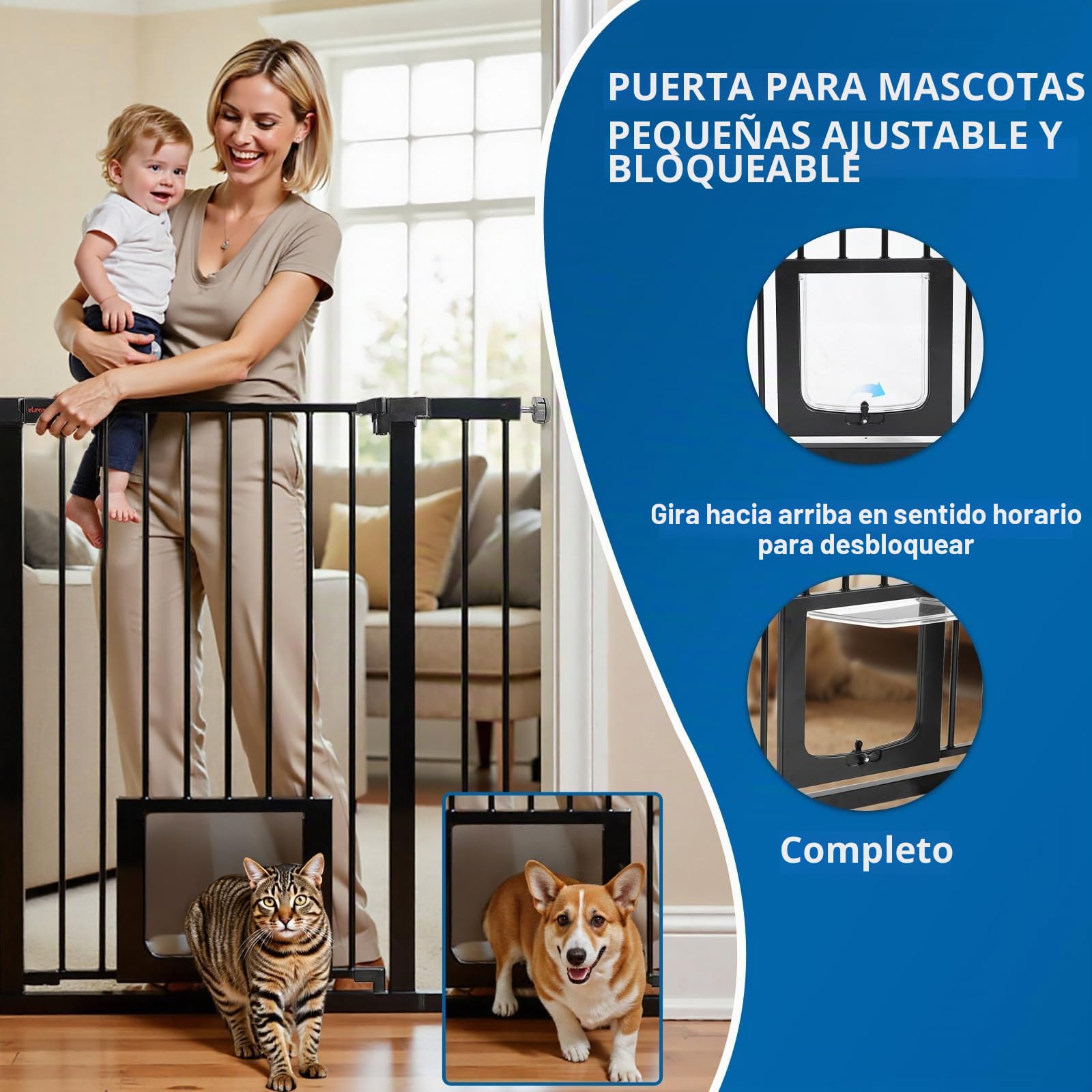 UBRAVOO Barrera de Seguridad Puerta para Bebés Puerta para Perros Altura 100 CM Puerta de Seguridad para Niños 76-104 cm de Ancho Cierre Automático Triple Bloqueo Abierto Mantenga la Puerta