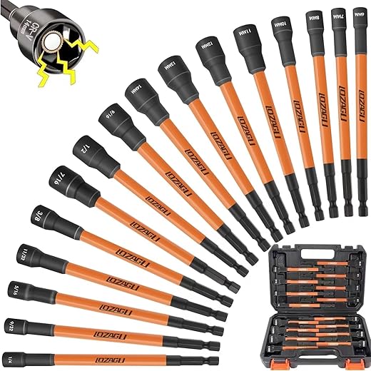 16Pcs Long Magnetic Nut Driver Set for Impact Drill | 6 Inch Long Nut Driver Set | SAE and Metric | 1/4 Inch Hex Shank | Cr-V Steel (16PCS Magnetic Nut Driver (Long))