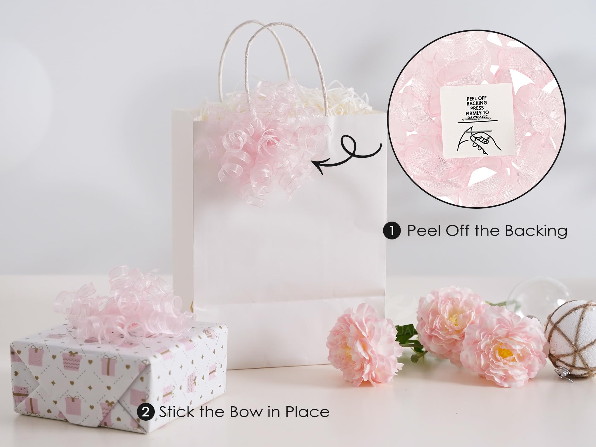 HUIHUANG Rosa Schleifen zum Verpacken von Geschenken, rosa gelockte Geschenkschleifen, 12,7 cm x 8 Stück, selbstklebende gelockte Schleife für Geschenke, Papiertüten, Babyparty-Geschenke