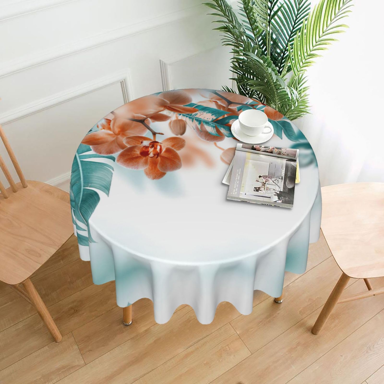 Zcmkjlg Teal and Orange Orchid Print Quick Ship Round Tablecloth 60in Polyester Washable Cover for Dining Room