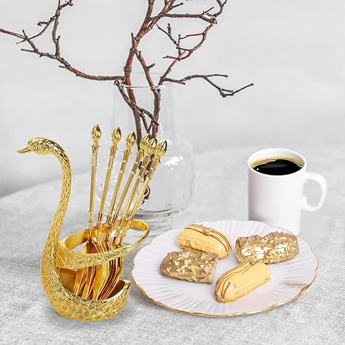 Miniatura 3 de Paquete de 14 soportes de base de cisne con tenedores de cuchara de café, juego de cubiertos de postre creativo, cucharaditas decorativas para