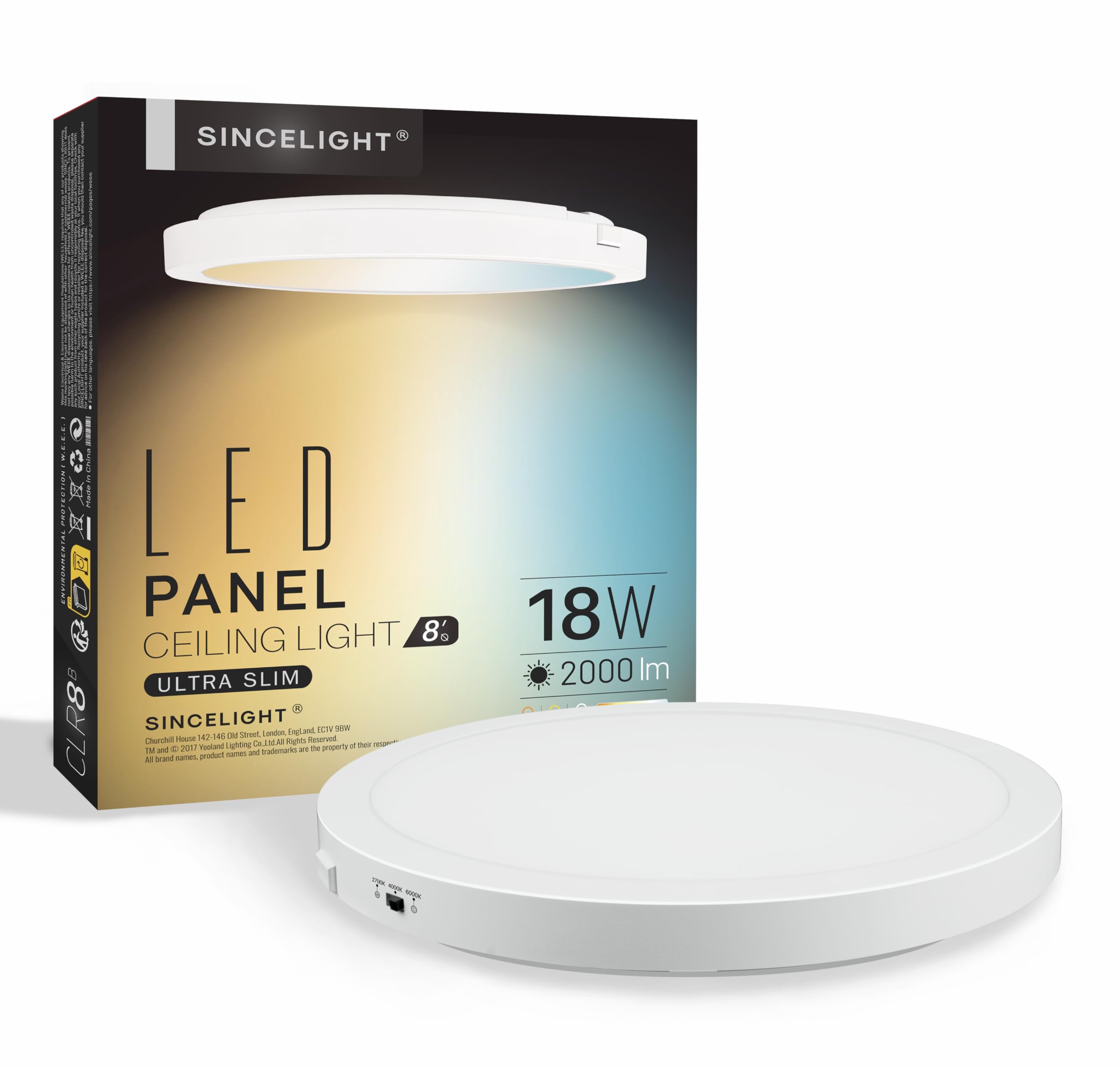 SINCELIGHT Ultra-Thin LED Ceiling Lights 18W, Φ230mm, Compact Profile, Recessed or Surface Mount, 2000lm