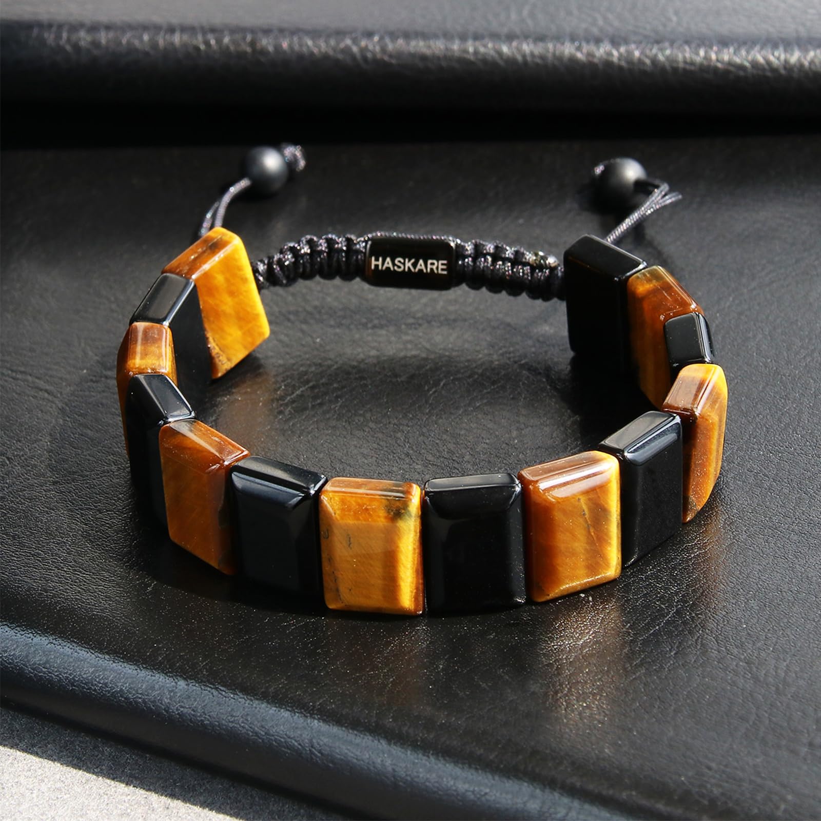 HASKARE Herren Naturstein-Armband Set – Schutz Kristall Howlith Obsidian Tigerauge-Armband handgefertigt verstellbar maskuliner spiritueller Schmuck, Geschenk für ihn Vater zu Geburtstag – Stressabbau