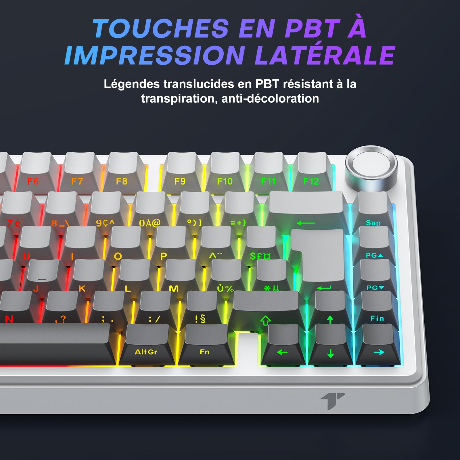 TECURS 75% Gasket Clavier Gamer sans Fil Tri Mode 2.4Ghz/BT5.0/Filaire - Clavier Mécanique Switch Rouges RGB, Hot Swap Personnalisé, Gravur Latéral, Touches PBT, Molette Knob - AZERTY FR - Windows/Mac