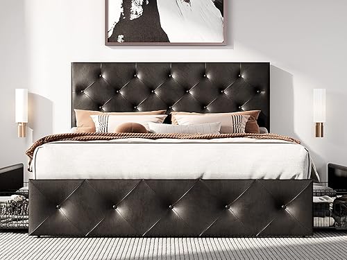 Miniatura 3 de HOOMIC Base de cama de almacenamiento de plataforma de tamaño matrimonial con 4 cajones y cabecera ajustable, listones de madera, no necesita