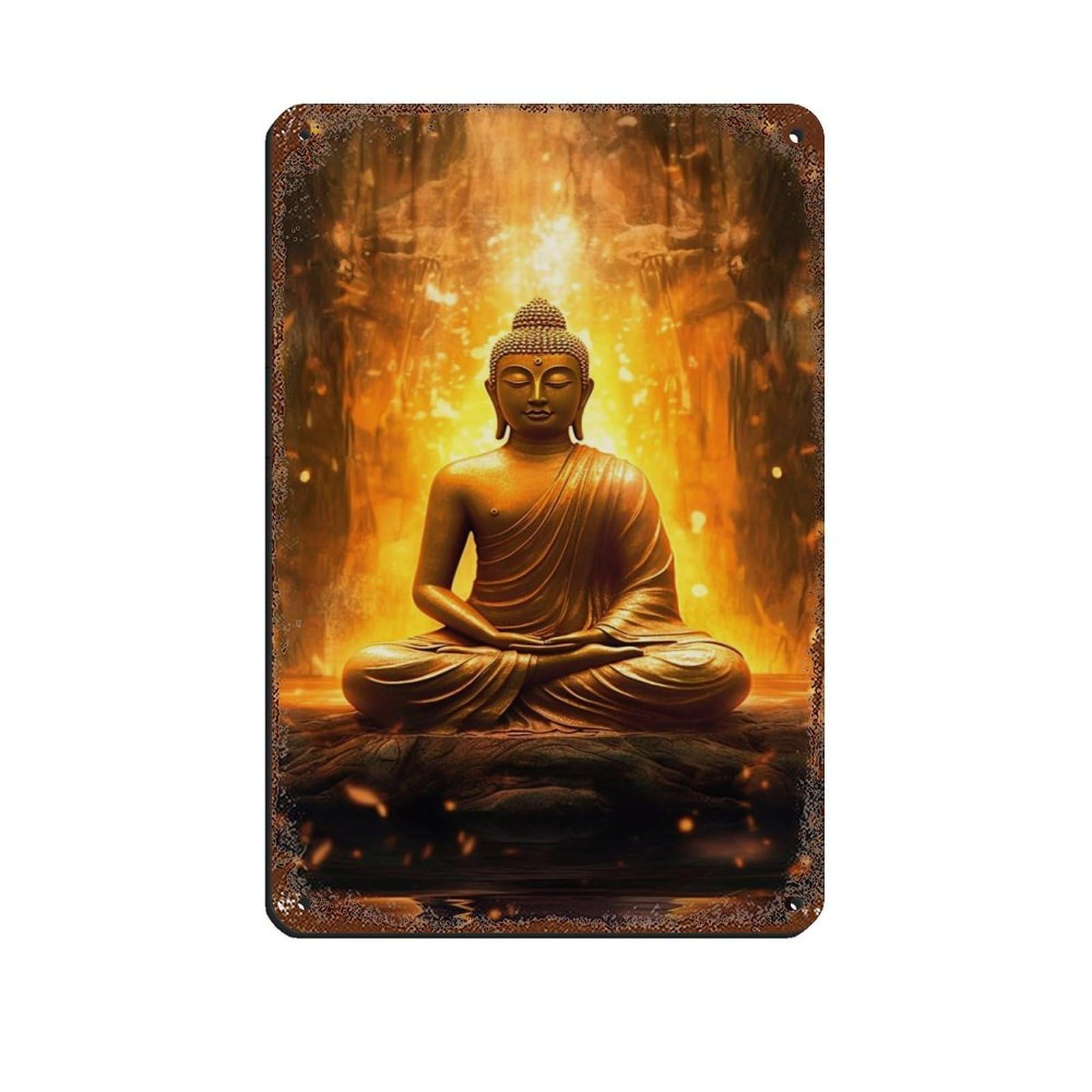 Golden Buddha in Radiant Meditation – Zen Retro Poster Metal Tin Sign Chic Art Retro Iron Painting Bar People Cave Cafe Family Garage Poster Wall Decoration 8x12inch(20x30cm)