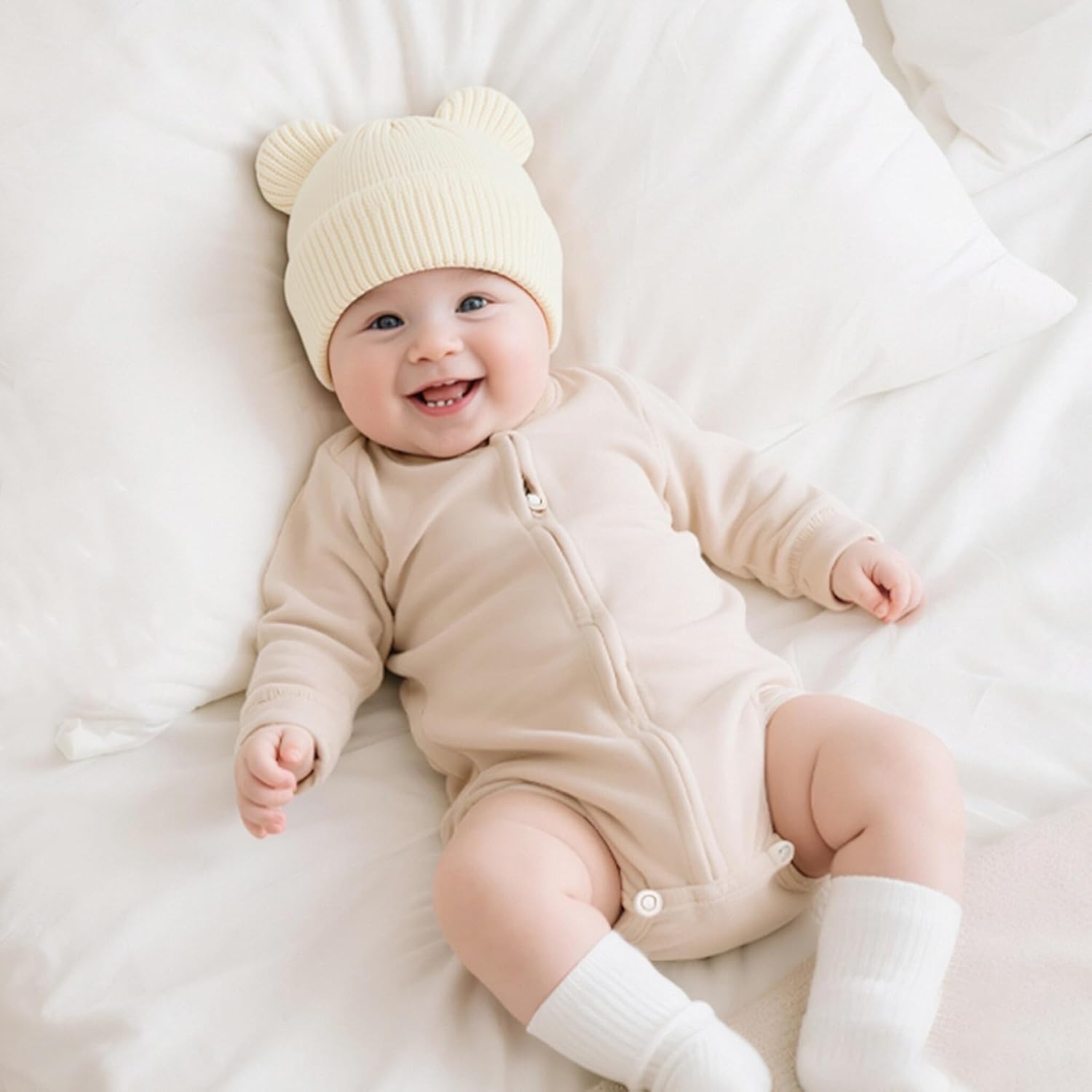 Hadetoto Cotton Baby Beanie Winter Knitted Hat with Bear Ear for Infant Toddler Boys Girls Soft Warm Skull Cap - Image 2